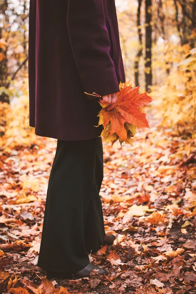 Woman with fallen leaves vertical — Stock Photo, Image