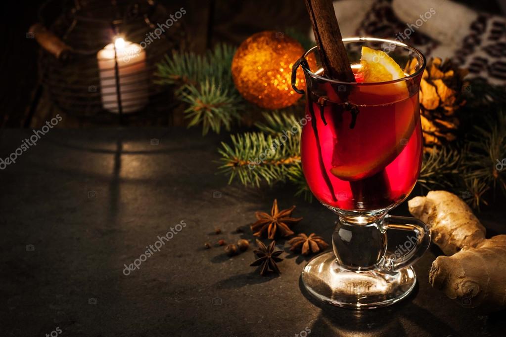 Mulled wine with spices and Christmas decoration horizontal Stock Photo by  ©wellmind@ 90463006