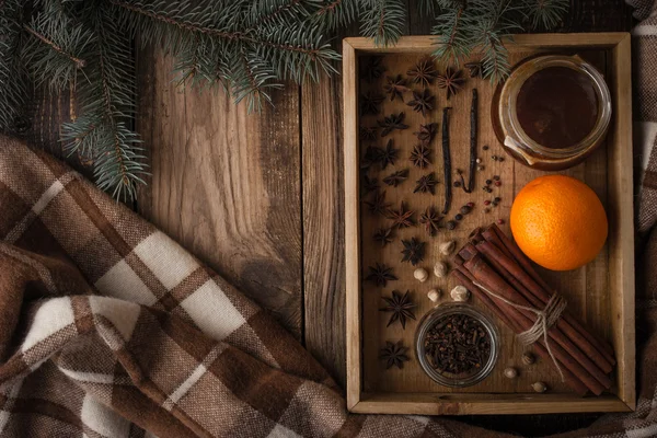 Orange , honey and spices on the wooden tray with plaid horizontal — Stock Photo, Image