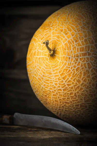 Dojrzały melon z nóż pionowy — Zdjęcie stockowe
