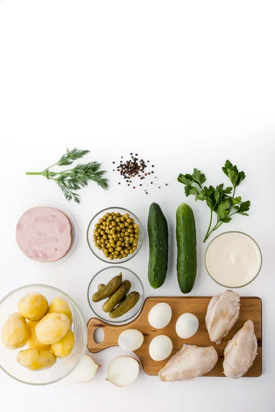 Ingredients for Olivier salad in the white background — Stock Photo, Image