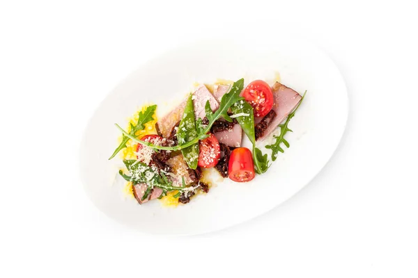 Salad with smoked ham and arugula on the white background horizontal — Stock Photo, Image