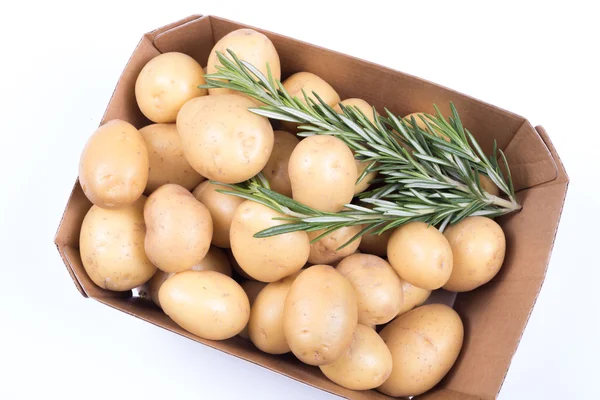 ローズマリーと分離の白い背景の上のボックスにジャガイモ — ストック写真
