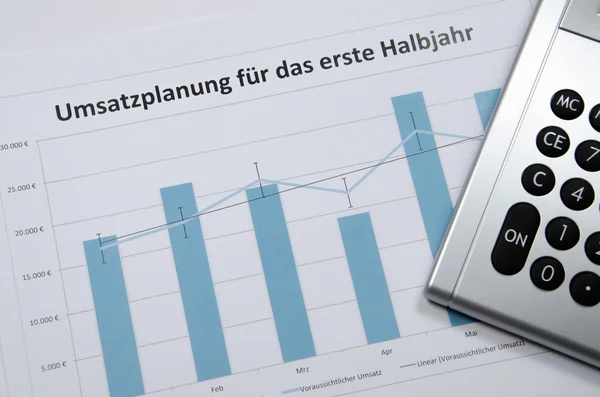 Calculator on revenue plan for first half year in german — Stock Photo, Image