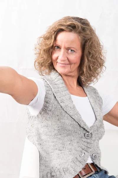 Portrait strong, smiling woman with open arms — Stock Photo, Image