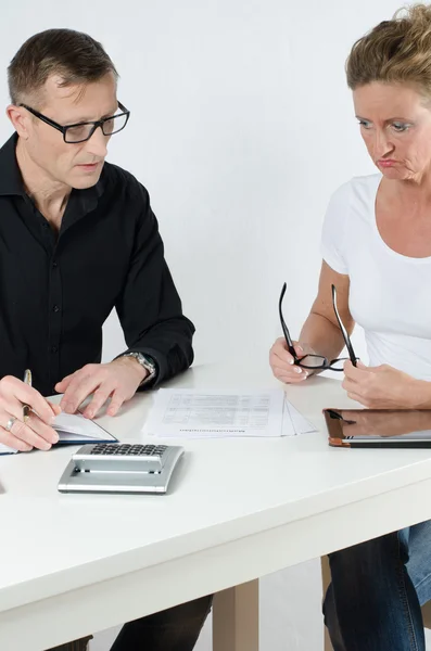 Team, man and woman discussing planning — Stock Photo, Image