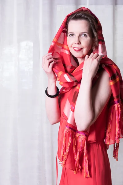 Portrait attractive woman with scarf around her head — Stock Photo, Image