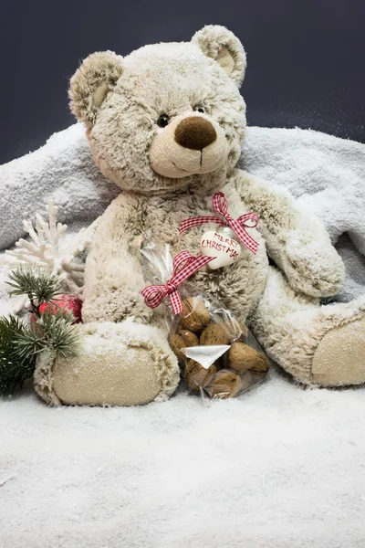 Teddy sitting on a blanket in the snow — Stock Photo, Image