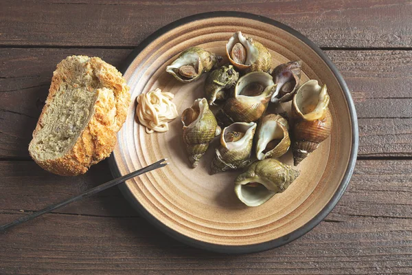 Plat Traditionnel Français Escargots Mer Bouillis Avec Des Herbes Dans — Photo