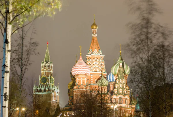 Moskau Russland Kreml Basilius Kathedrale Und Spasskaja Turm Der Nacht — Stockfoto