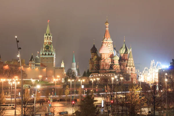 Moskau Russland Kreml Basilius Kathedrale Spasskaja Turm Kremlmauer Der Nacht — Stockfoto