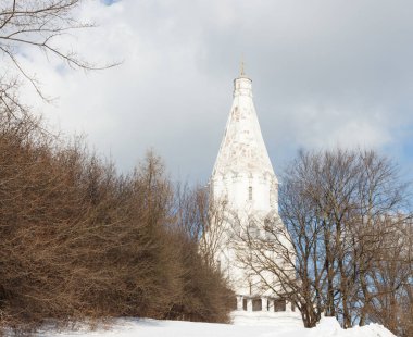Moskova, Rusya. Kolomenskoye Parkı. Yükseliş Kilisesi. Kış. Çıplak ağaçlar. Çalı