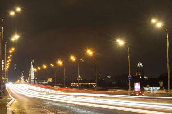 Night View Krymsky Bridge Moscow Russia Car Traces — Stock Photo, Image