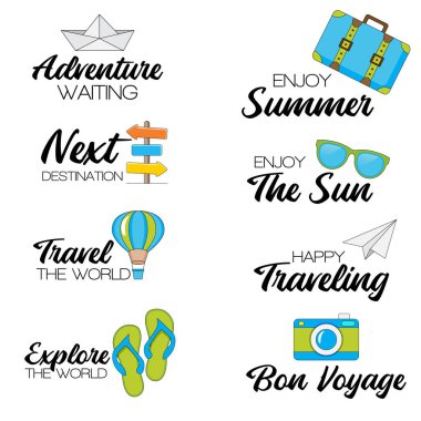 Harf ögelerine sahip seyahat simgeleri ve çıkartmaları, beyaz arkaplanda izole edilmiş vektör resimlemesi