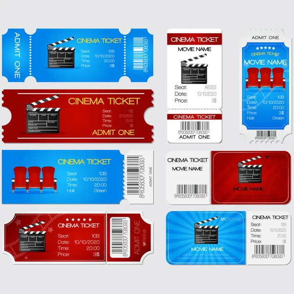 Bilhete Cinema Vermelho Azul Ilustração Vetorial Isolada Sobre Fundo Cinzento —  Vetores de Stock