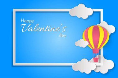 Sevgililer Günün kutlu olsun. Güzel Kağıt Sanatı bulutları ve hava balonları! Mavi arkaplanda soyut kağıt sanatı 3D vektör illüstrasyonuName. 