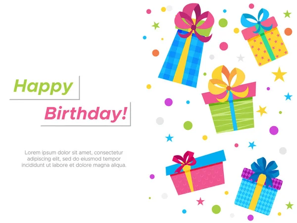 Feliz Aniversário Cartão Felicitações Com Presentes Coloridos Para Folhetos Feriados — Vetor de Stock