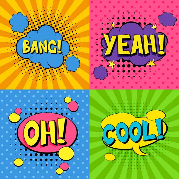 Bam! İşte bu! - Evet. Süper! Dinamik modern sıvı mobil satılık bayraklar. Satış afişi şablonu tasarımı, komik konuşma balonları. Pop sanat vektör etiketi izole edilmiş. Renkli arka planda klasik çizgi roman posteri. Renkli komik yazı tipi.  