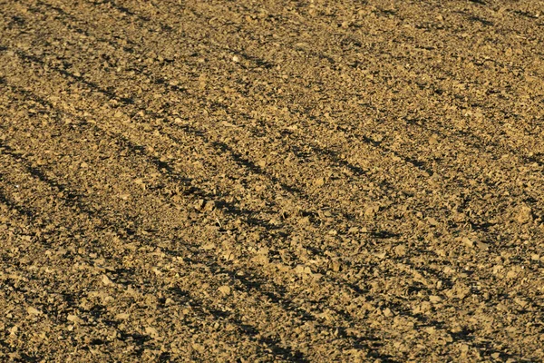 agriculture, arable land after plowing, furrows sloped in dark clay soil