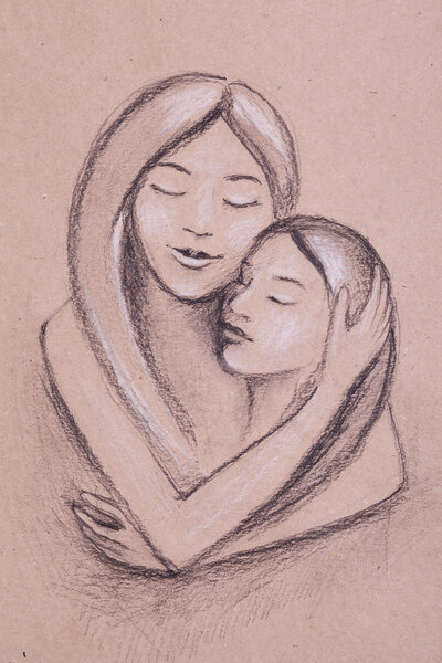 Ручной портрет обнимающей матери и ребенка
