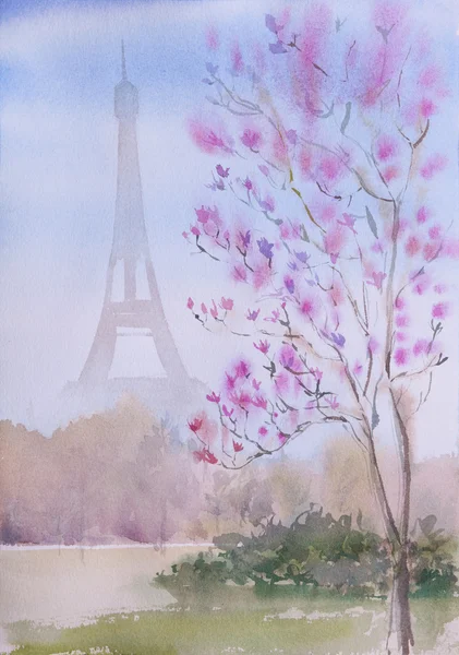 Bela aquarela pintada à mão Paris paisagem — Fotografia de Stock