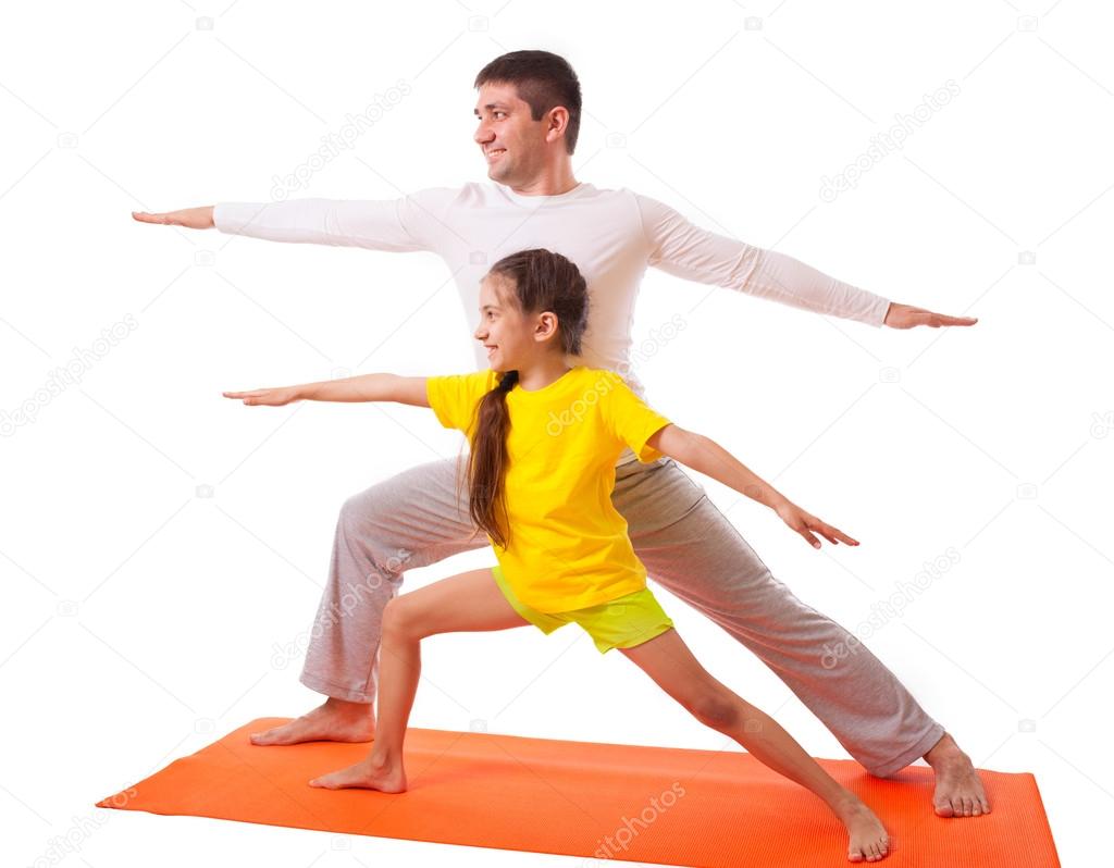 dad practicing yoga with daughter isolated