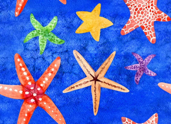 Watercolor hand painted seamless pattern with starfish — Stock Photo, Image