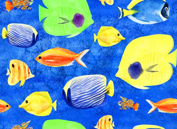 水彩の手描きのサンゴ礁の魚とシームレスなパターン — ストック写真