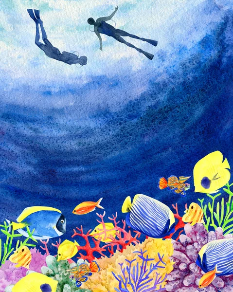 Underwater world divers coral reefs hand painted watercolor back — Stock Photo, Image