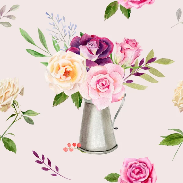 Vacker akvarell rosor seamless mönster — Stockfoto