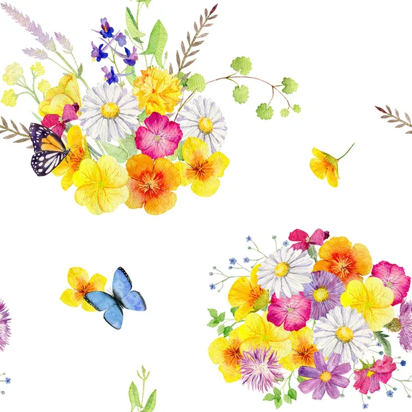 Akwarela bez szwu wzór tekstury dzikich kwiatów ziół i ES — Zdjęcie stockowe