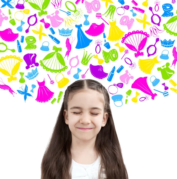 Child kid on background of texture of girl's things — Stock Photo, Image