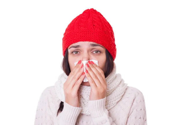 Woman girl sneezing coughing blowing with handkerchief — Stock Photo, Image