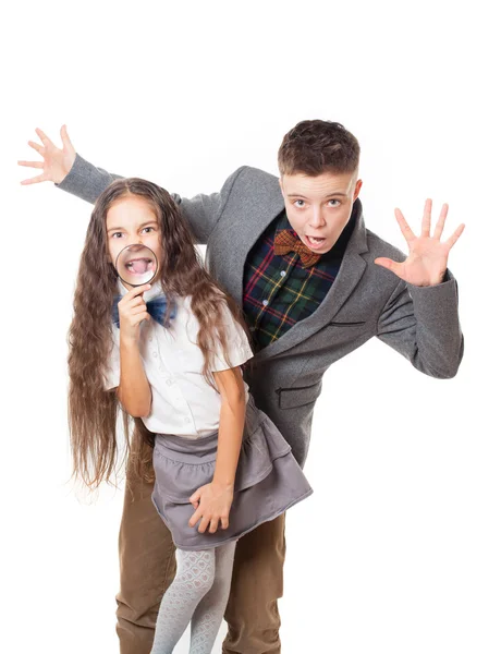 Teasing friends boy and girl, brother and sister — Stock Photo, Image