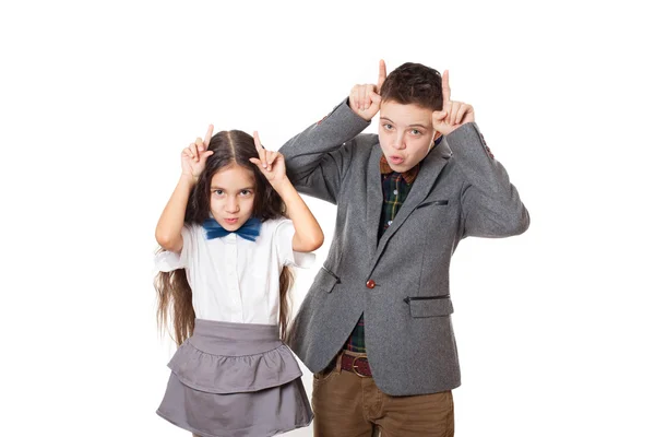 Teasing friends boy and girl, brother and sister — Stock Photo, Image