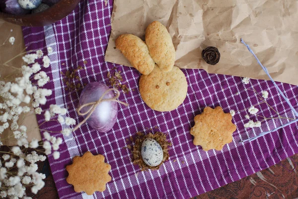 Forma di coniglio Pasqua biscotti fatti in casa e uova colorate — Foto Stock