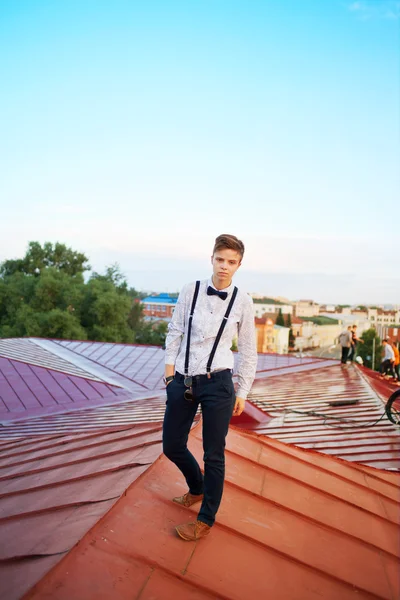 stock image Handsome  hipster guy on the roof