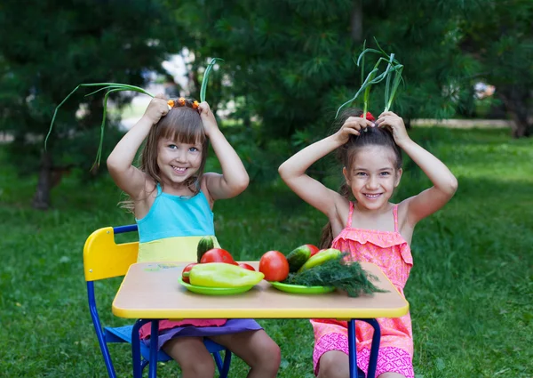 Twee gelukkige meisjes kids kinderen dragen prachtige jurken houden — Stockfoto