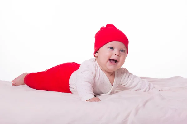 Schattige gelukkig baby jongen meisje jongen die in bed ligt — Stockfoto