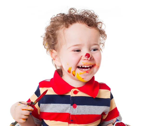 Mignon heureux bébé garçon jouer avec peintures — Photo