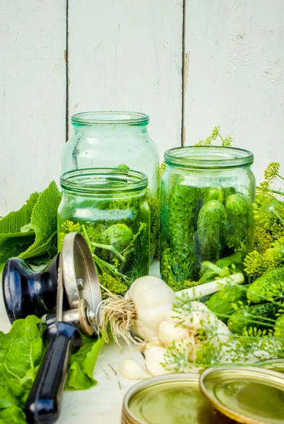 Pepinos frescos en vinagre. Preparación de pepinos frescos en vinagre con eneldo, ajo y especias — Foto de Stock