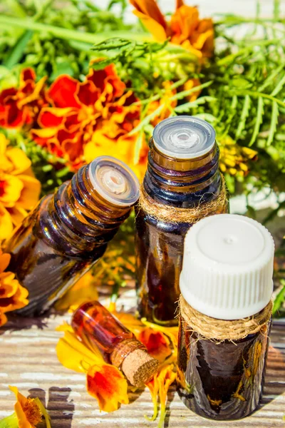 Pequena garrafa de óleo de calêndula essencial (extrato de flores Tagetes, tintura, infusão ) — Fotografia de Stock