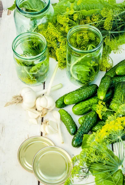 The pickling cucumbers. Fresh vegetables and herbs for preservation. — Stock Photo, Image