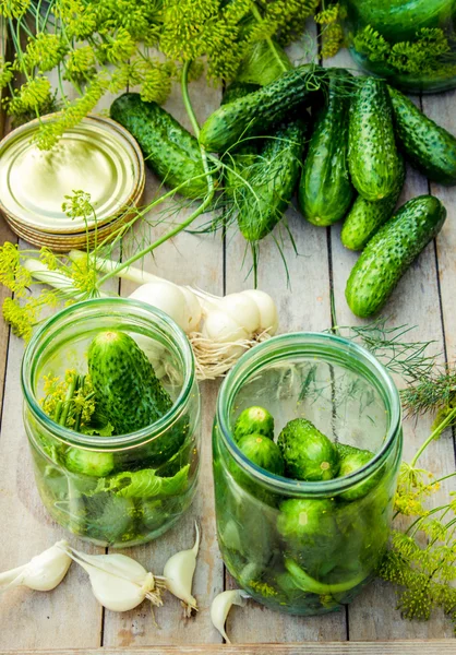 The pickling cucumbers. Fresh vegetables and herbs for preservation. — Stock Photo, Image