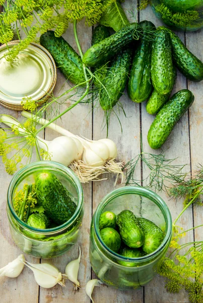 The pickling cucumbers. Fresh vegetables and herbs for preservation. — Stock Photo, Image