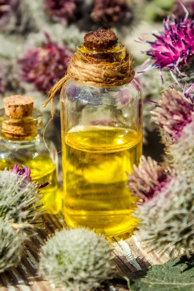 küçük bir şişede burdock yağı. özü, tentür, kaynatma, süspansiyon, damla, otlar.