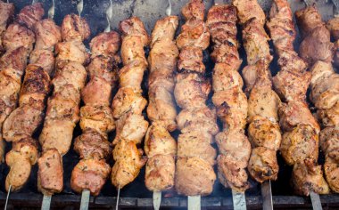 Ateşe ızgara et şiş üzerinde kavrulmuş.