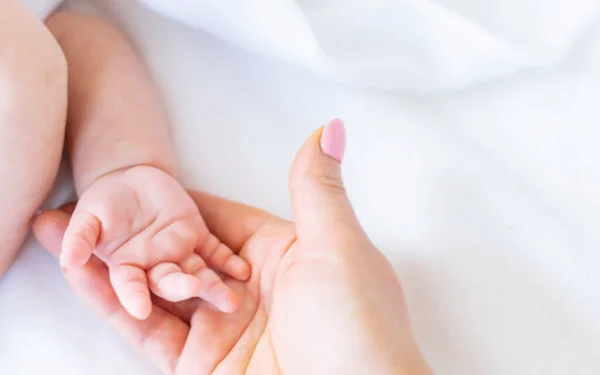 Baby Händer Med Mammas Händer Mot Vit Bakgrund Selektivt Fokus — Stockfoto