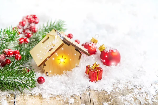 Kerstdecor Nieuwjaar Sneeuwhuis Selectieve Focus Vakantie — Stockfoto