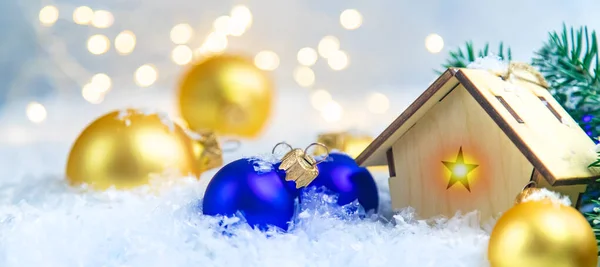 Christmas decor, new year snow house. Selective focus. Holiday.